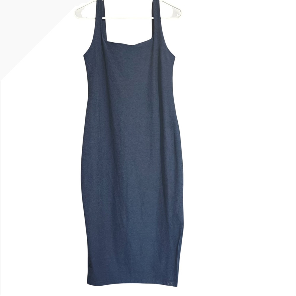 Beyond Yoga Spacedye Square Neck‎ Midi Dress Navy Blue Bodycon Athleisure Slit - Picture 8 of 15